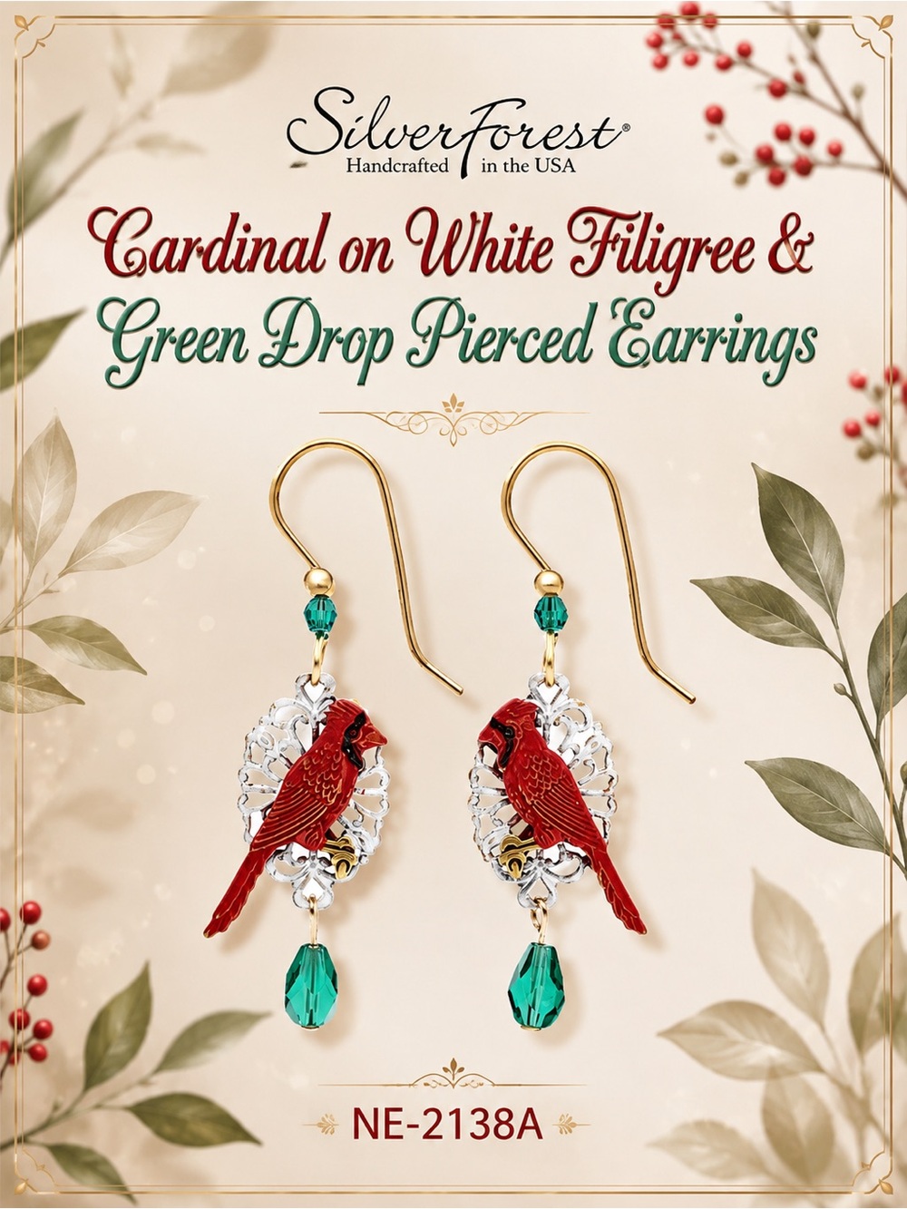 Silver Forest Cardinal on White Filigree & Green Drop Pierced Earrings